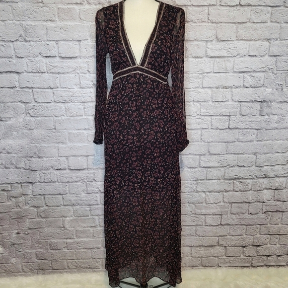 Ecote Dress Black Sheer Maroon Floral Print Split Long Sleeve V Neck Maxi Size S - Picture 3 of 12